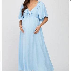 Pink Blush Light Blue Textured Dot Front Tie Ruffle Sleeve Maternity Midi Dress